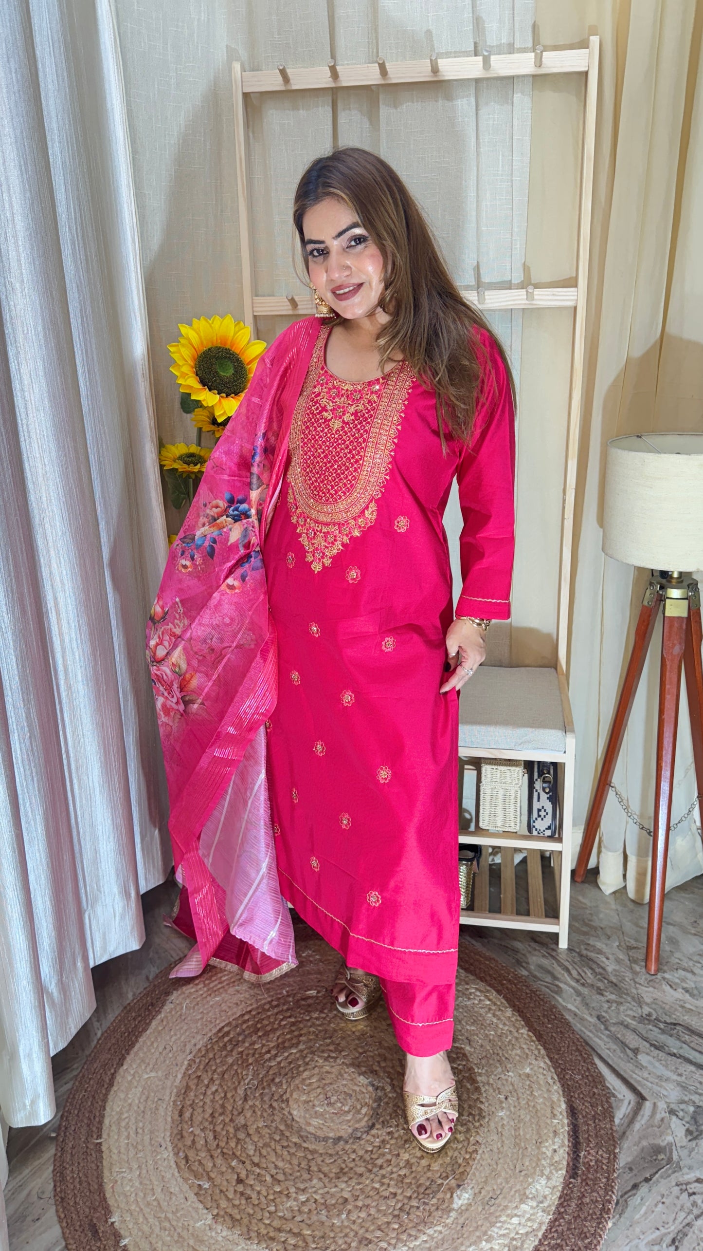 Hot Pink Embroidered Kurta Set with Floral Dupatta