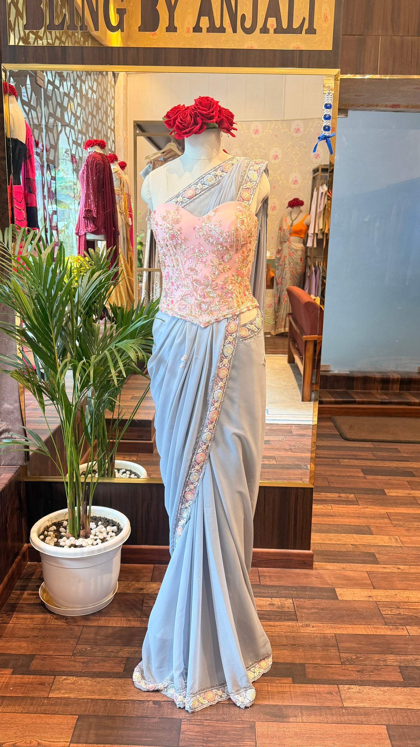 Grey Draped Saree with Hand-Embroidered Blush Pink Corset