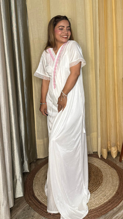 luxurious white satin nighty 2pc set