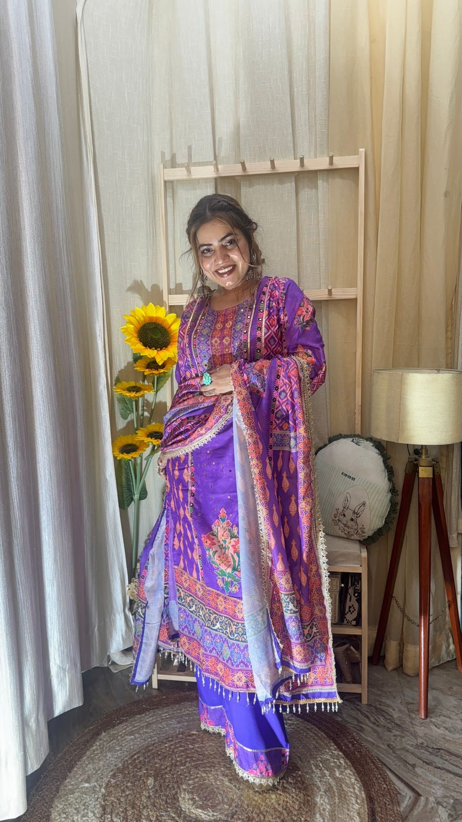 Royal Purple Printed Kurta Palazzo Set with Dupatta