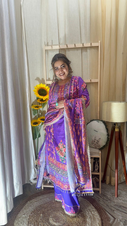 Royal Purple Printed Kurta Palazzo Set with Dupatta