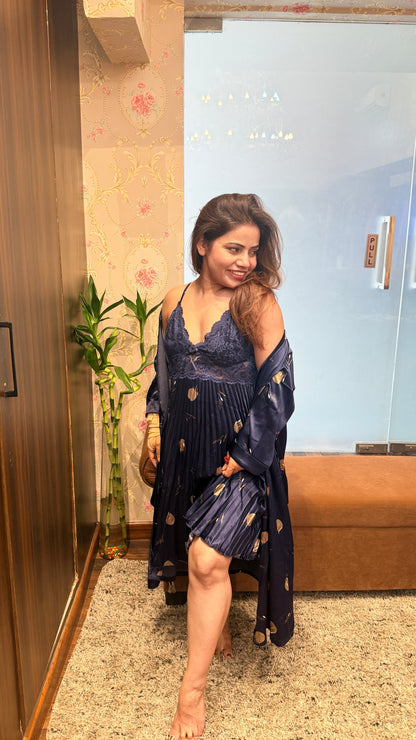 Luxury Navy Blue Satin Lace Nighty with Printed Robe – 2 Piece Nightwear Set