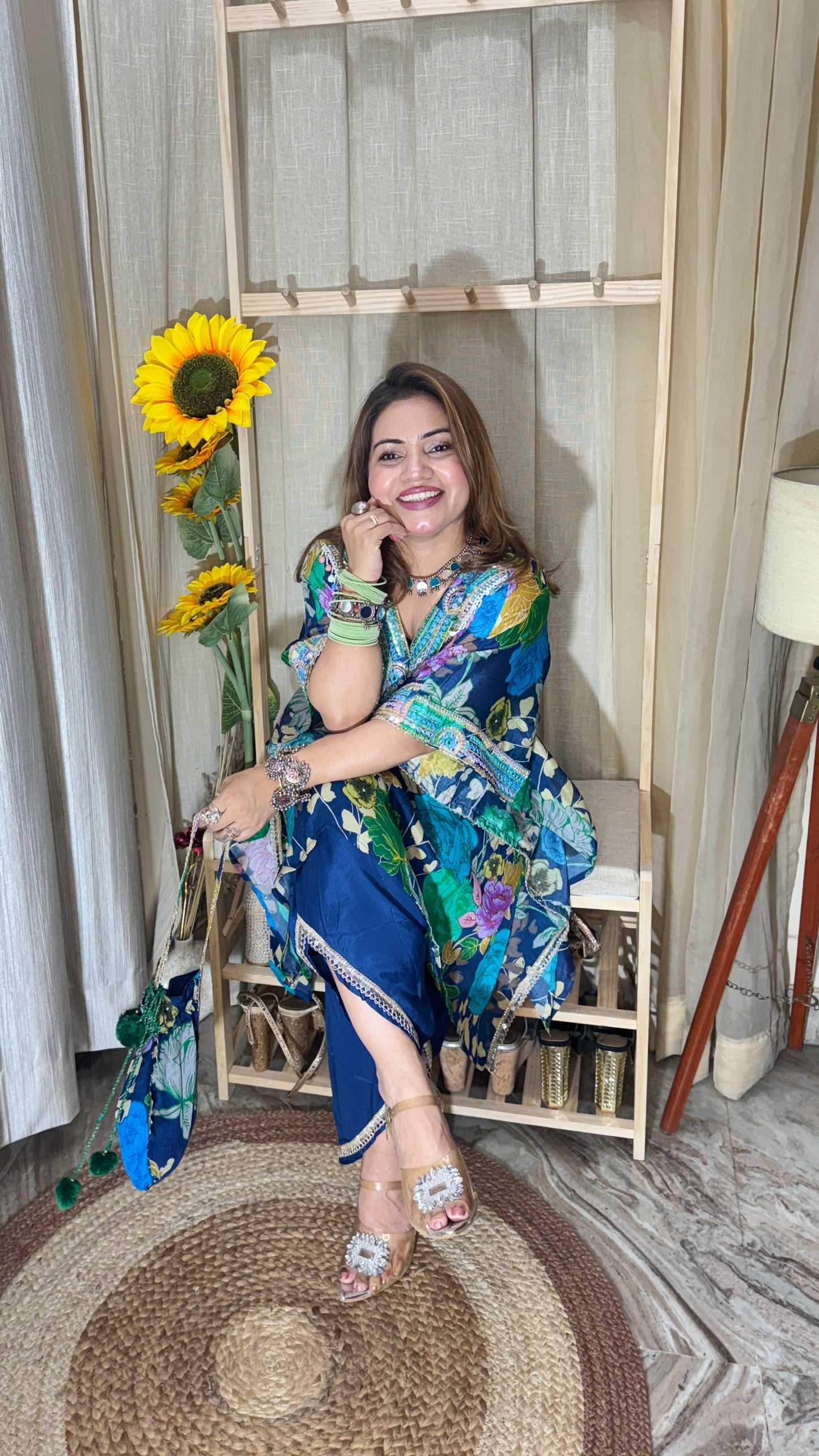 Embellished Floral Kaftan Set with Pants & Potli Bag