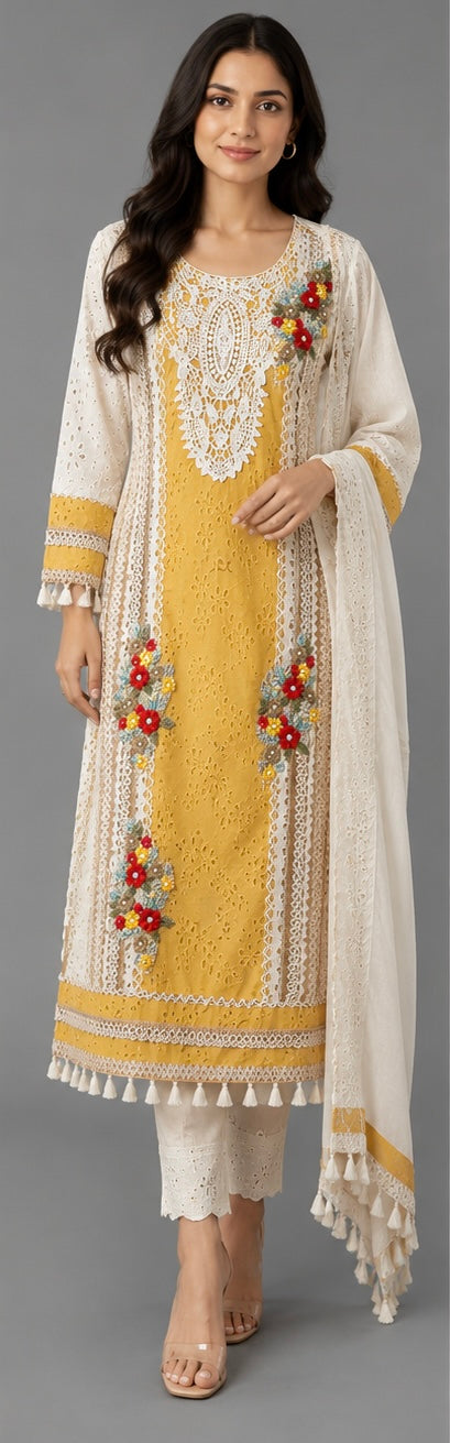 Bling by Anjali – Sunshine Yellow Cotton Chikankari Suit Set