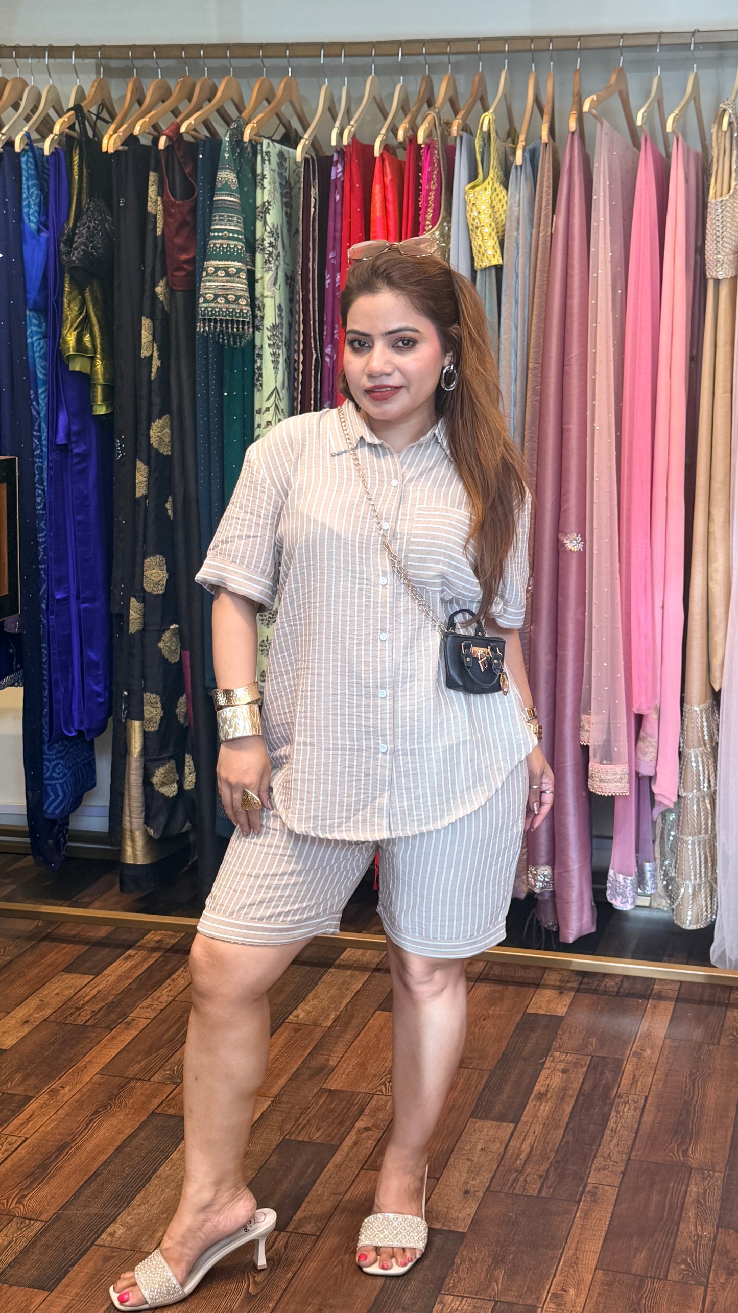 Beige Striped Co-ord Set with Shirt & Shorts | Luxury Casual Summer Outfit | South Delhi Boutique Wear