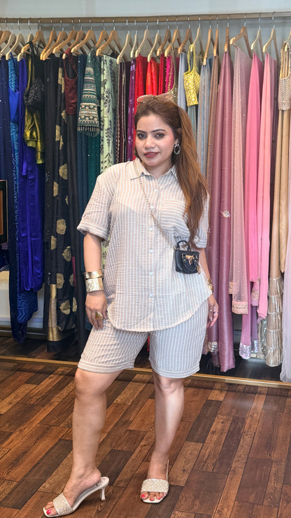 Beige Striped Co-ord Set with Shirt & Shorts | Luxury Casual Summer Outfit | South Delhi Boutique Wear