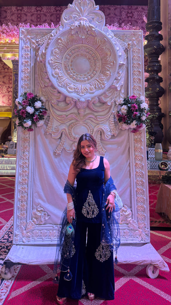 Navy Blue Velvet Sharara Set with Intricate Embroidery | Festive & Wedding Wear