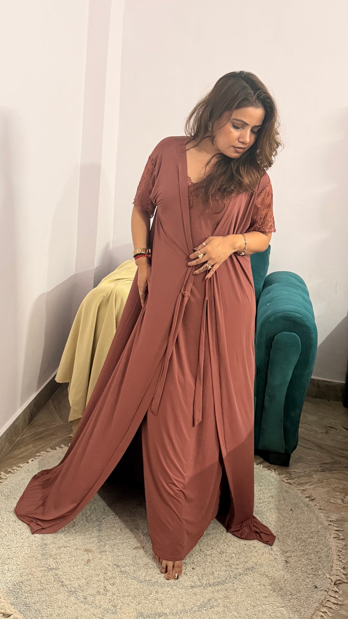 Mulberry lycra Night Gown 2pc Set