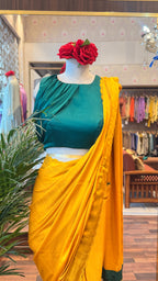 Mustard Chiffon Satin Saree with Green stylist Blouse