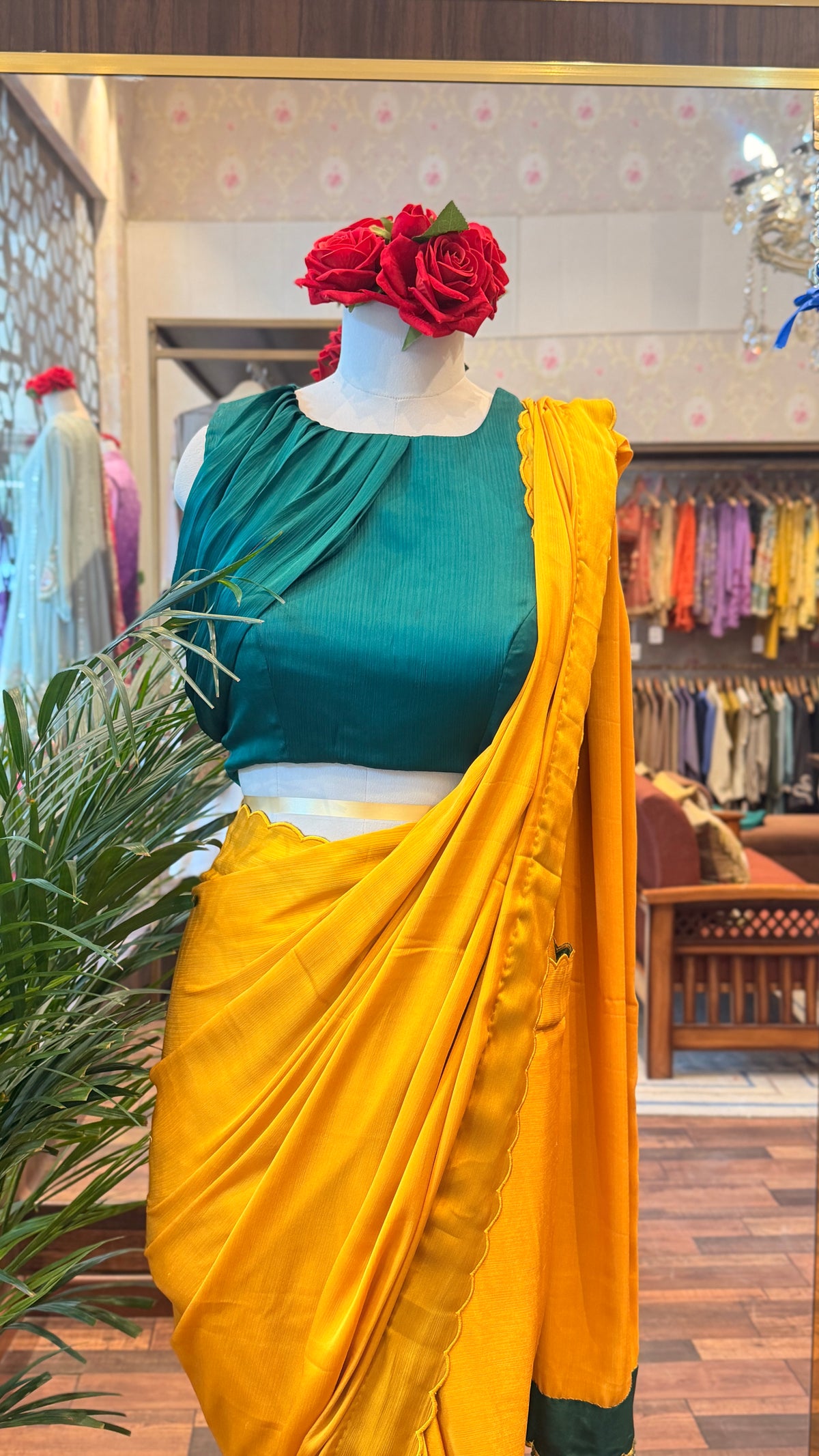 Mustard Chiffon Satin Saree with Green stylist Blouse