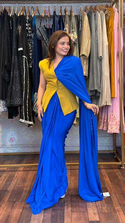 Cobalt Blue Draped Saree with Mustard Sculpted Waistcoat