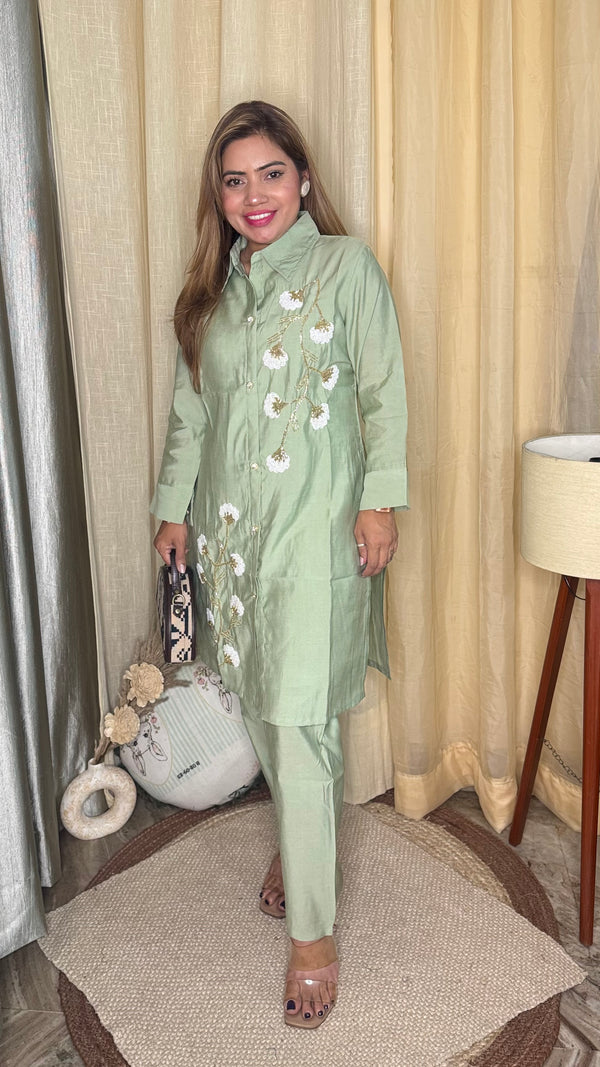 Pastel Green Embroidered Kurta co-ord Set