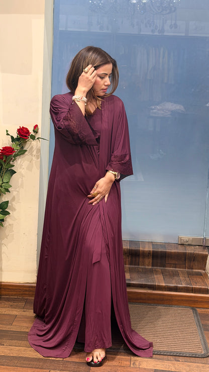 Luxury Satin Nightwear Set with Long Robe – Wine Plum