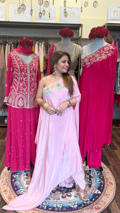 One-Shoulder Embroidered Draped Set | Blush Pink Sunset & Fuchsia Luxe Edit