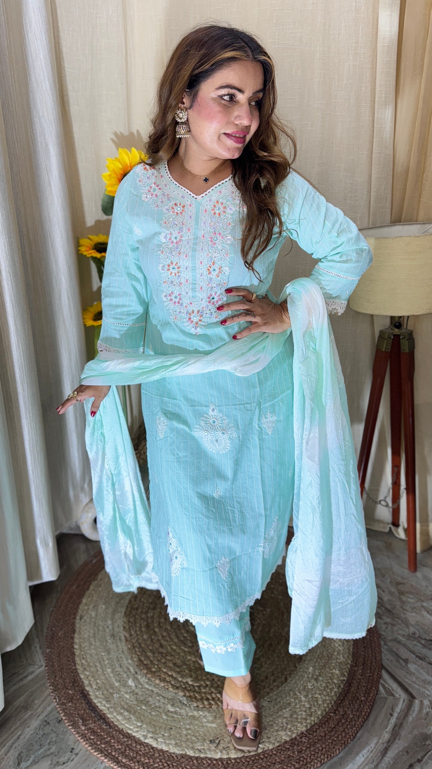 3pc E-Mint Cotton Embroidered Summer Suit set