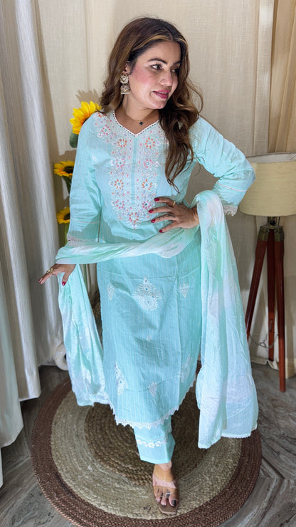 3pc E-Mint Cotton Embroidered Summer Suit set