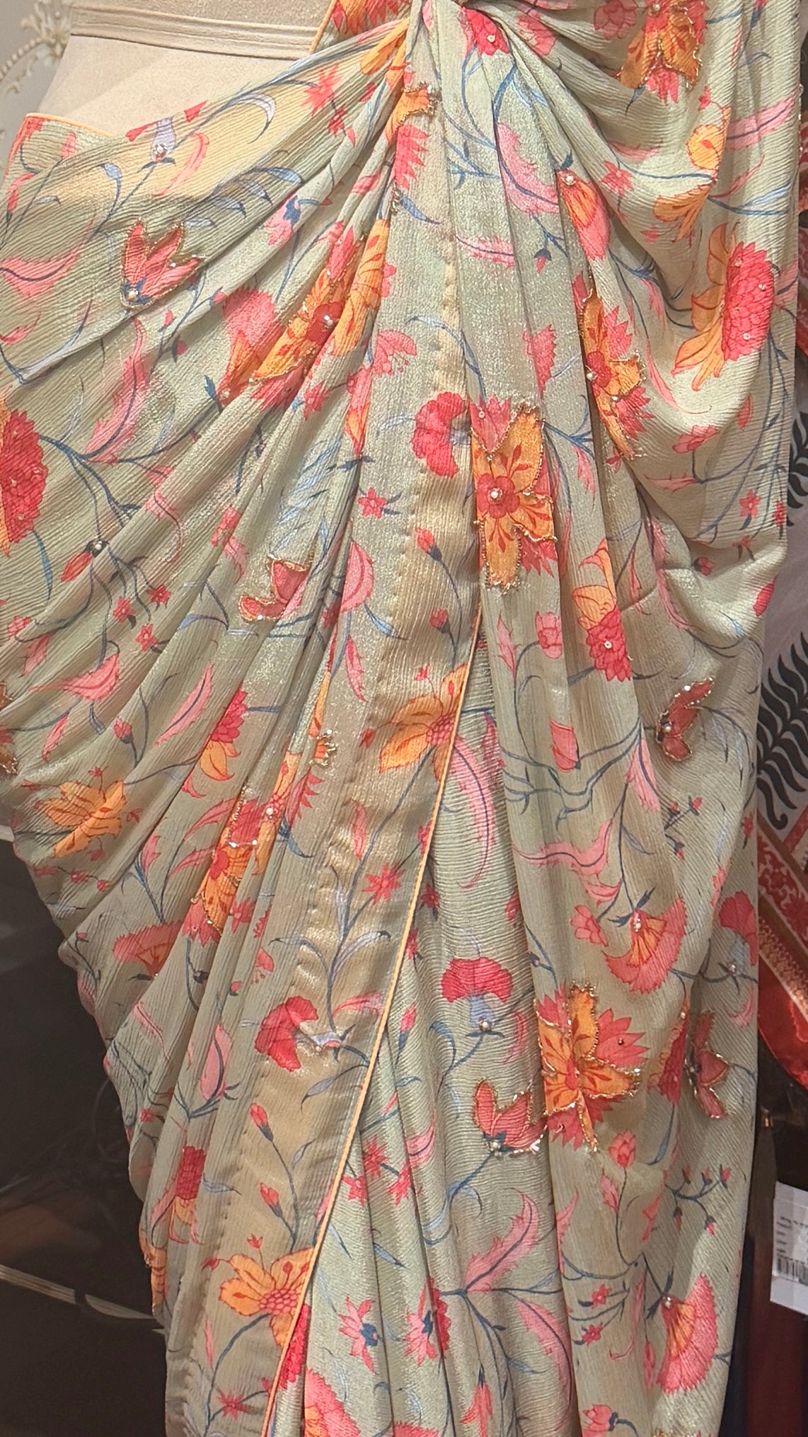 Floral Draped Saree with Orange Satin Blouse