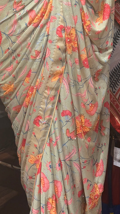 Floral Draped Saree with Orange Satin Blouse