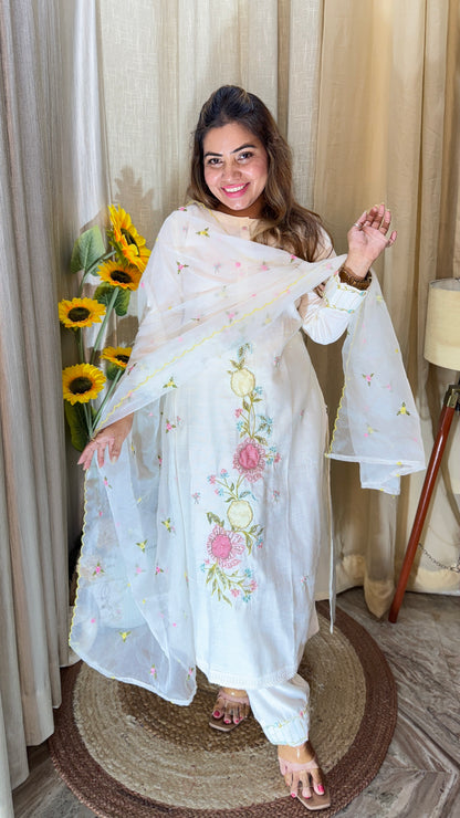 White Floral Embroidered Cotton Suit Set