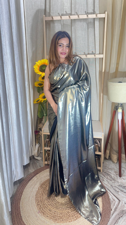 Metallic Luxe Pre-Draped Saree with 1 miter Blouse fabric – Silver Chrome Finish