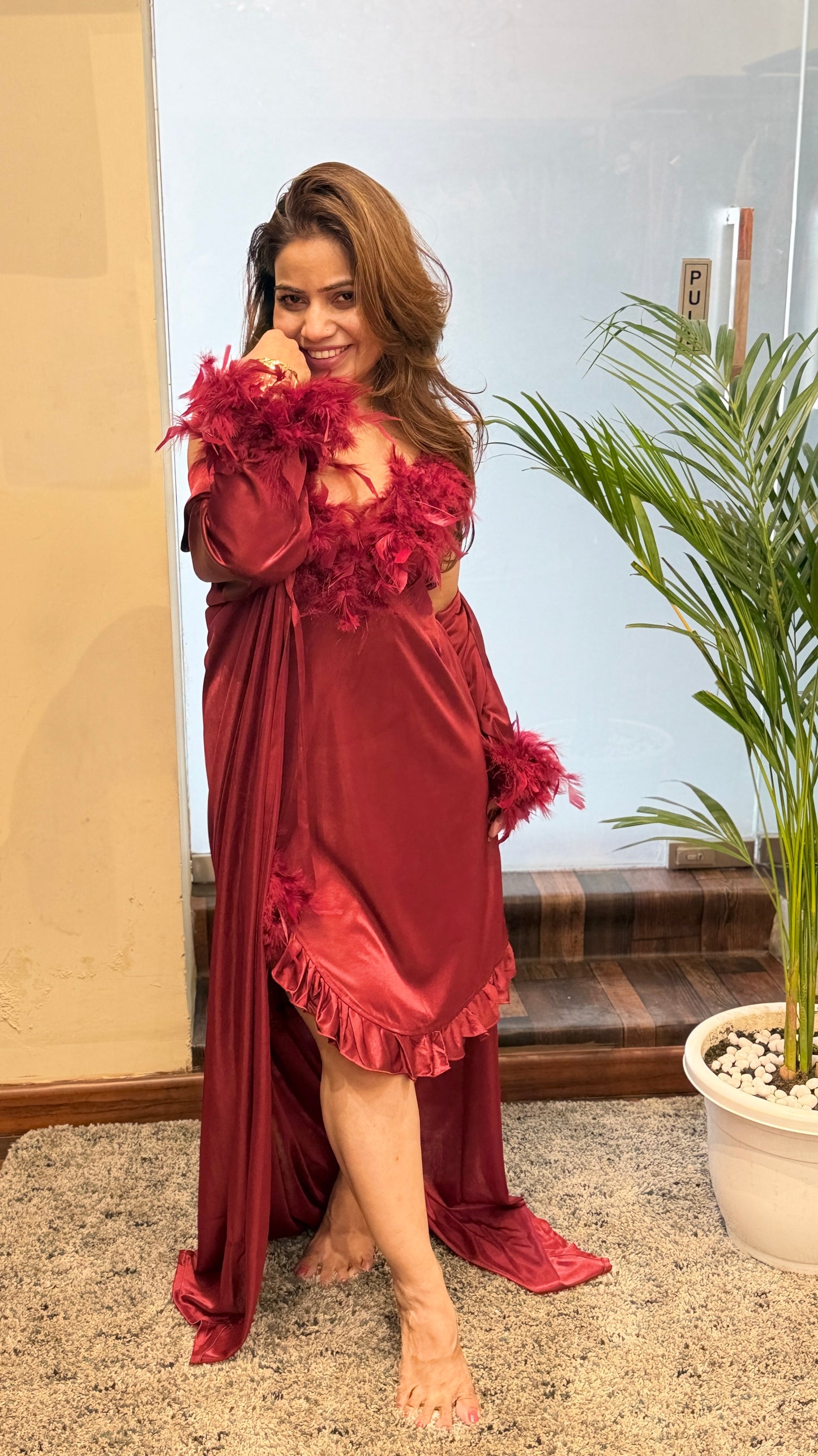 Deep Red Feather Trim Satin Dress with Statement Cape