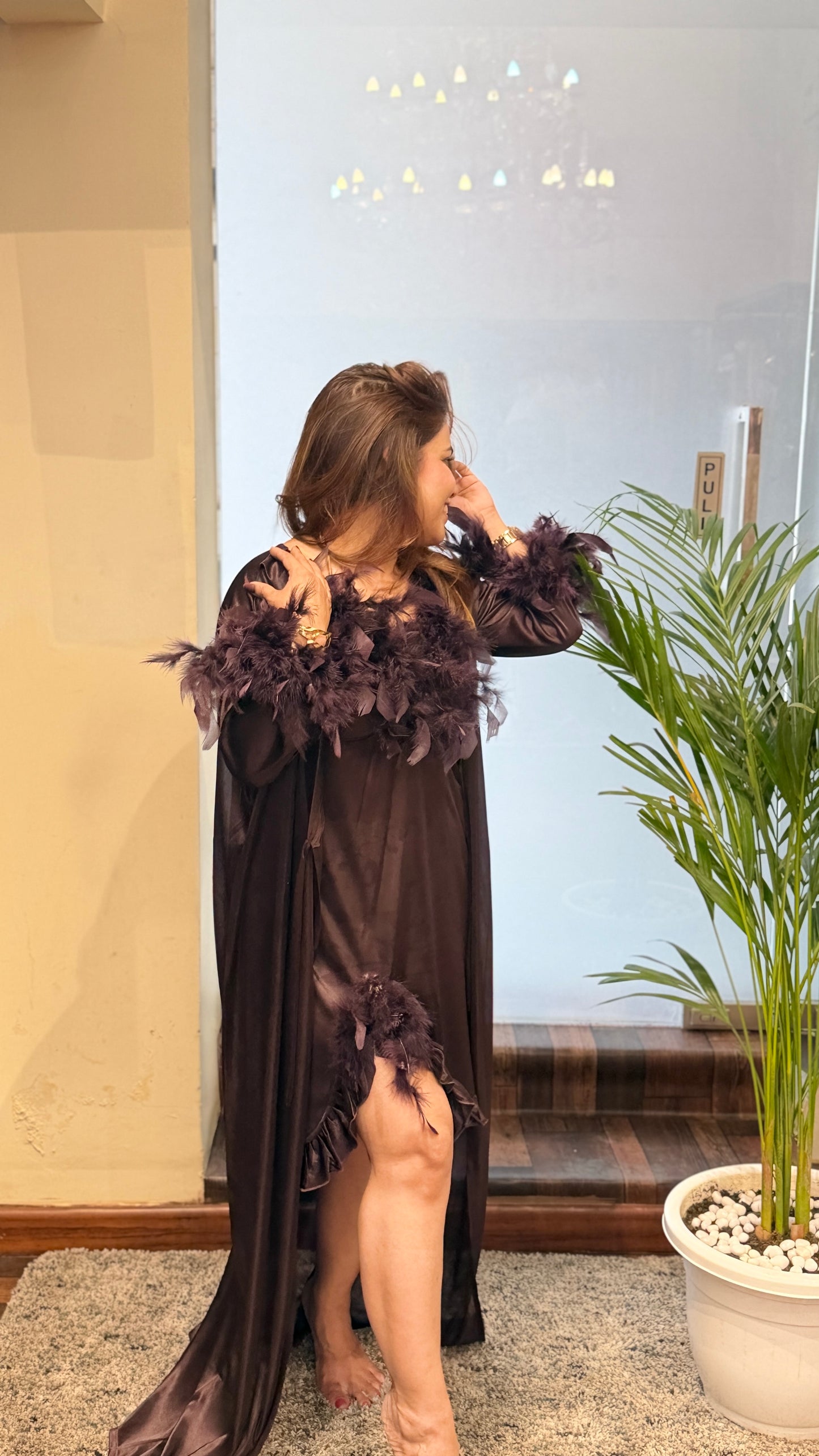 Chocolate Brown Feather Trim Satin Dress with Cape