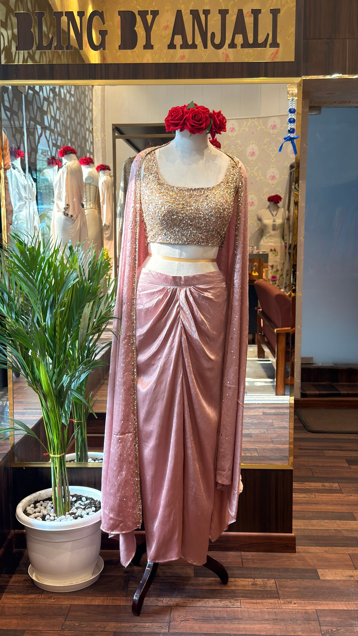Blush Pink Three-Piece Draped Skirt Set