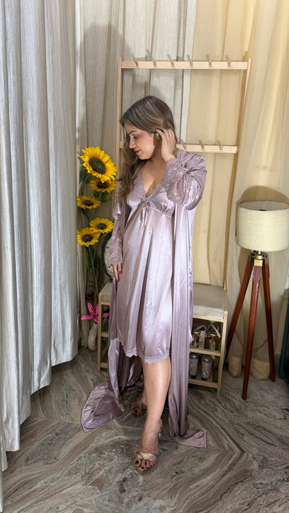 Luxe Satin Nightdress with Robe Set – Elegant Lace Trim Sleepwear (2 Piece)