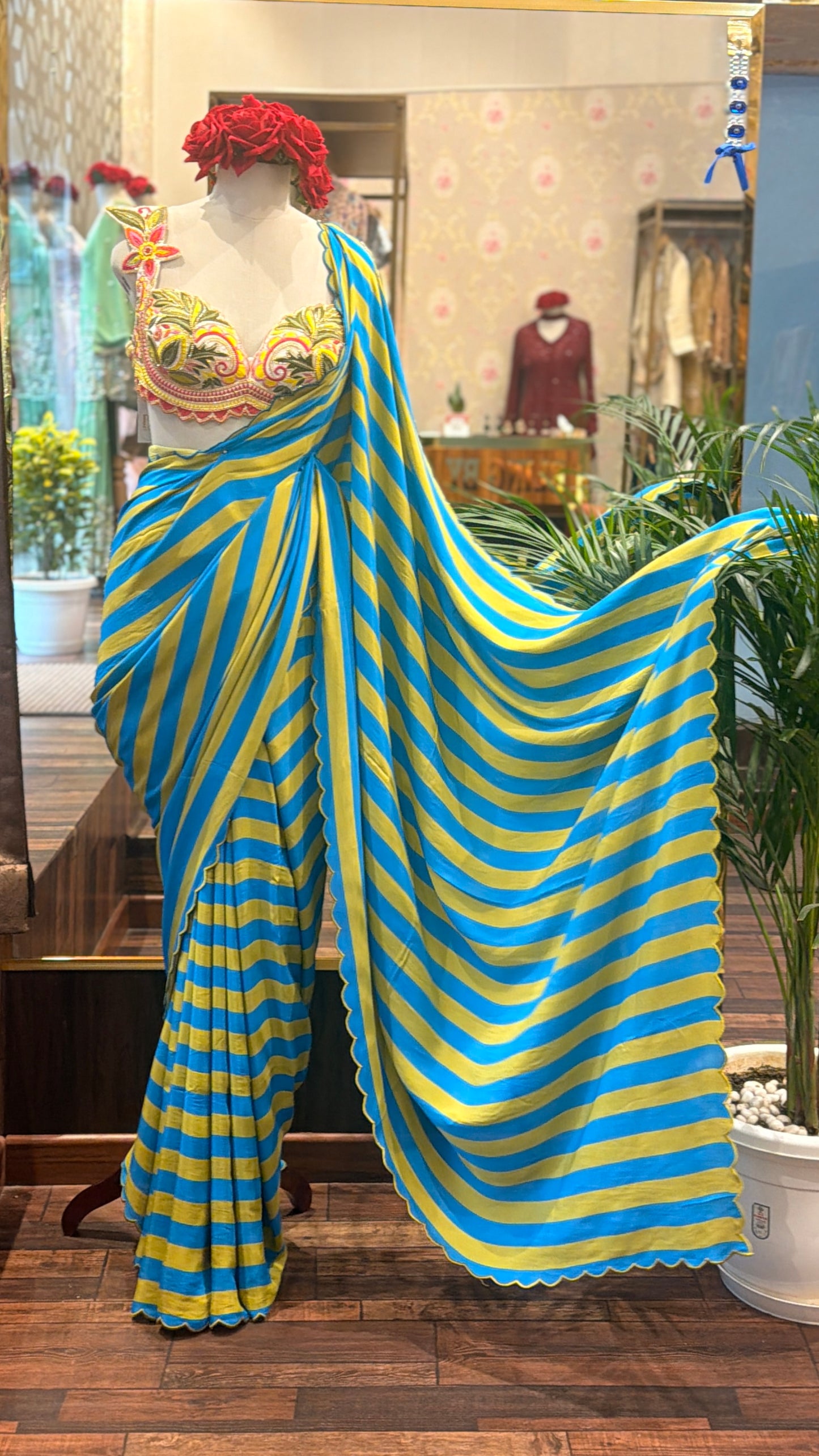 Blue & Yellow Striped Pure Crepe Saree