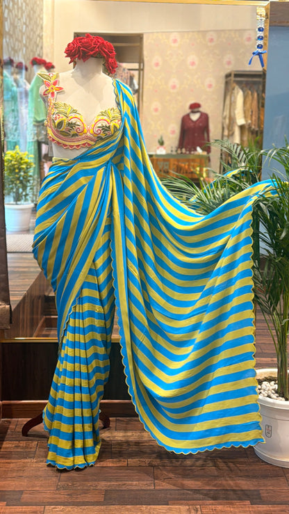 Blue & Yellow Striped Pure Crepe Saree