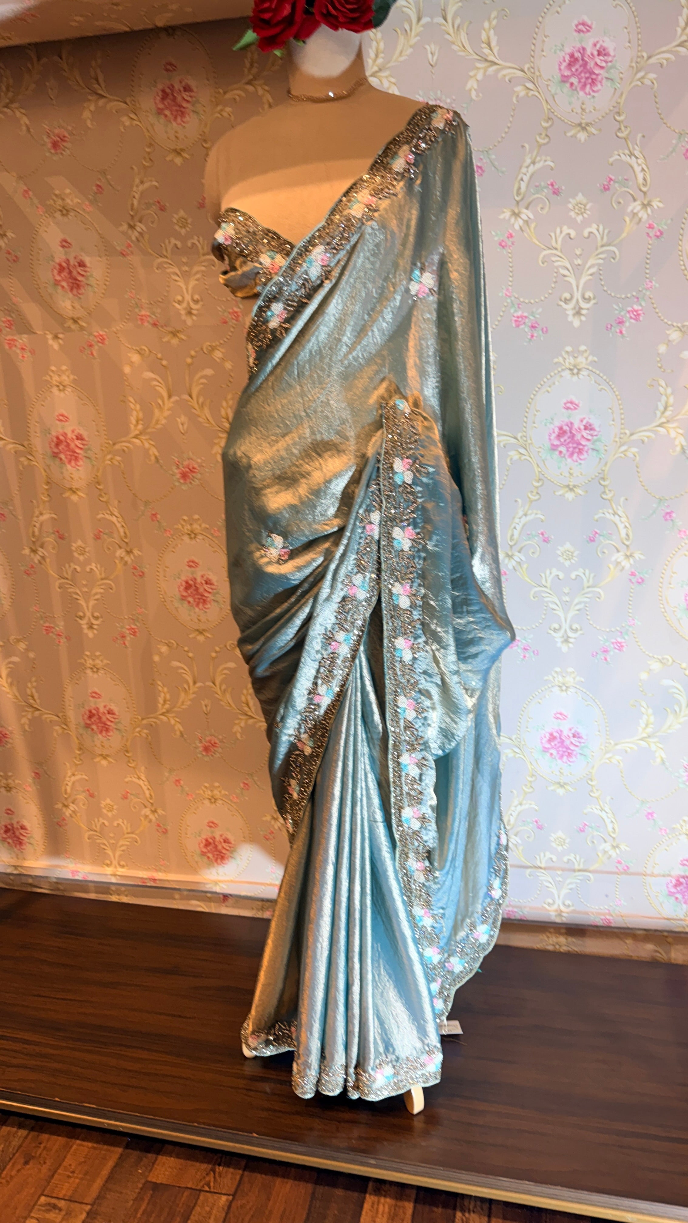 Hand-Embroidered Floral Border Saree