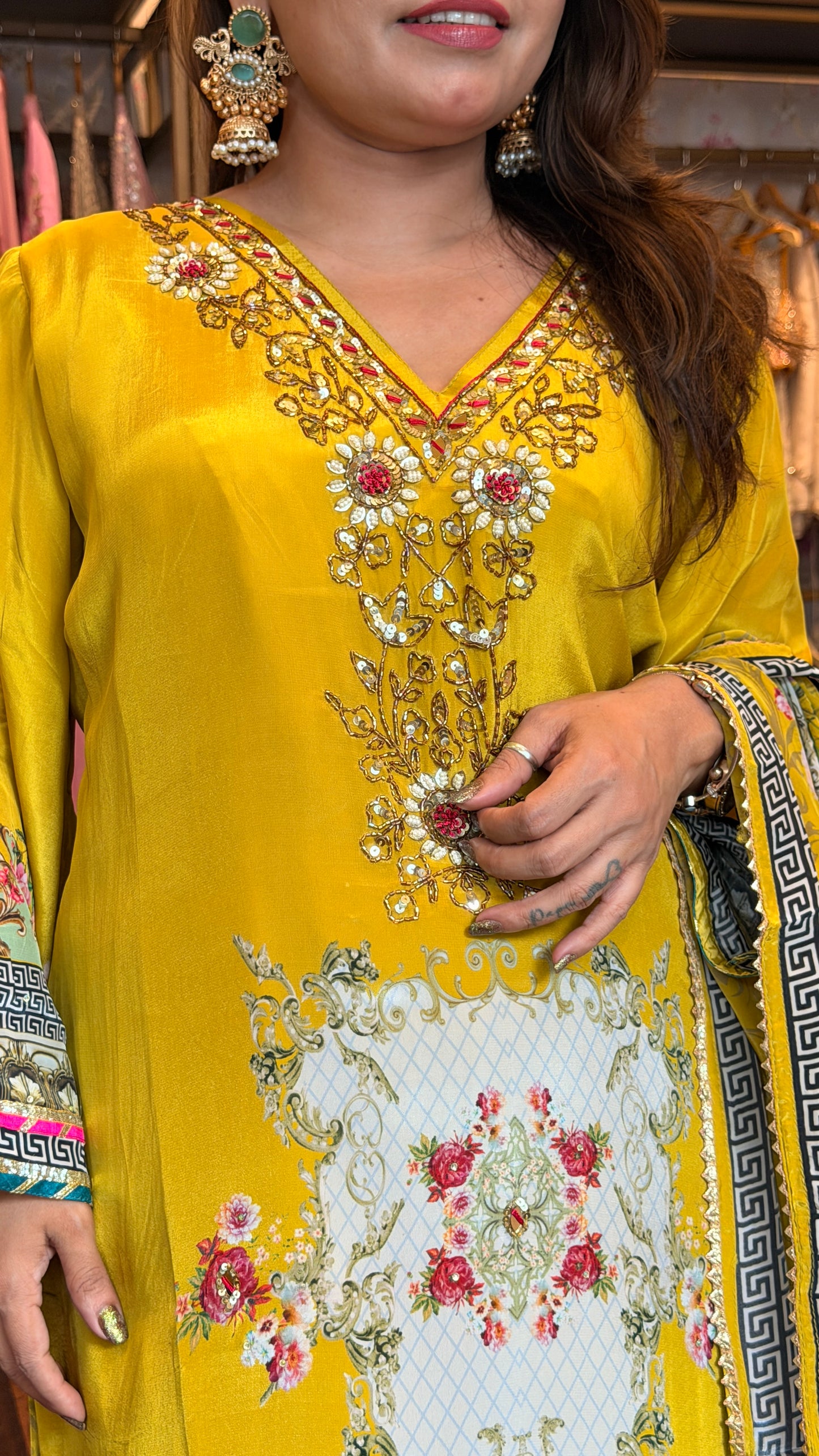 Pure Crepe Printed 3-Piece Suit Set with Handwork | Bling By Anjali