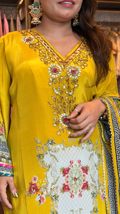 Pure Crepe Printed 3-Piece Suit Set with Handwork | Bling By Anjali