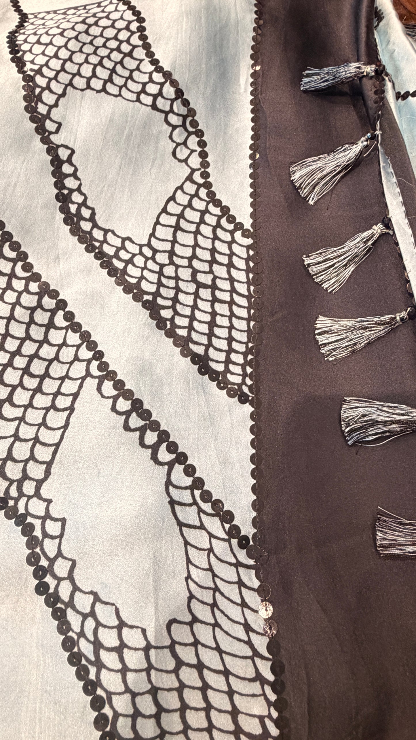 Pure Gajji Silk Saree with Hand Block Print, Hand Sequins Work & Tassel Pallu