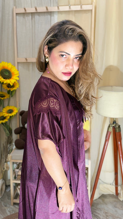 Luxury Satin Embroidered Nighty with Robe | 2-Piece Nightwear Set
