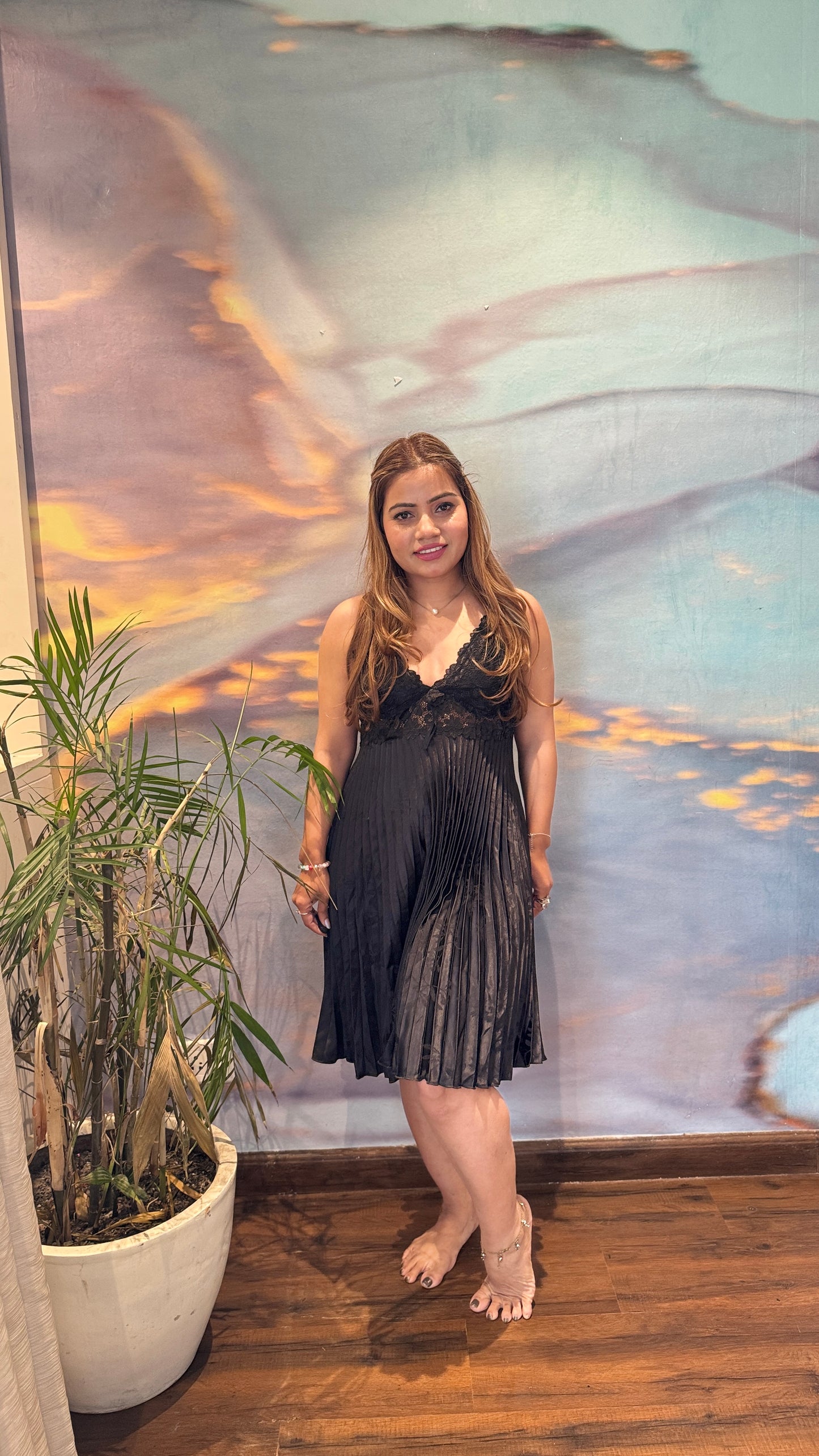 Pleated satin 3pc nighty dress