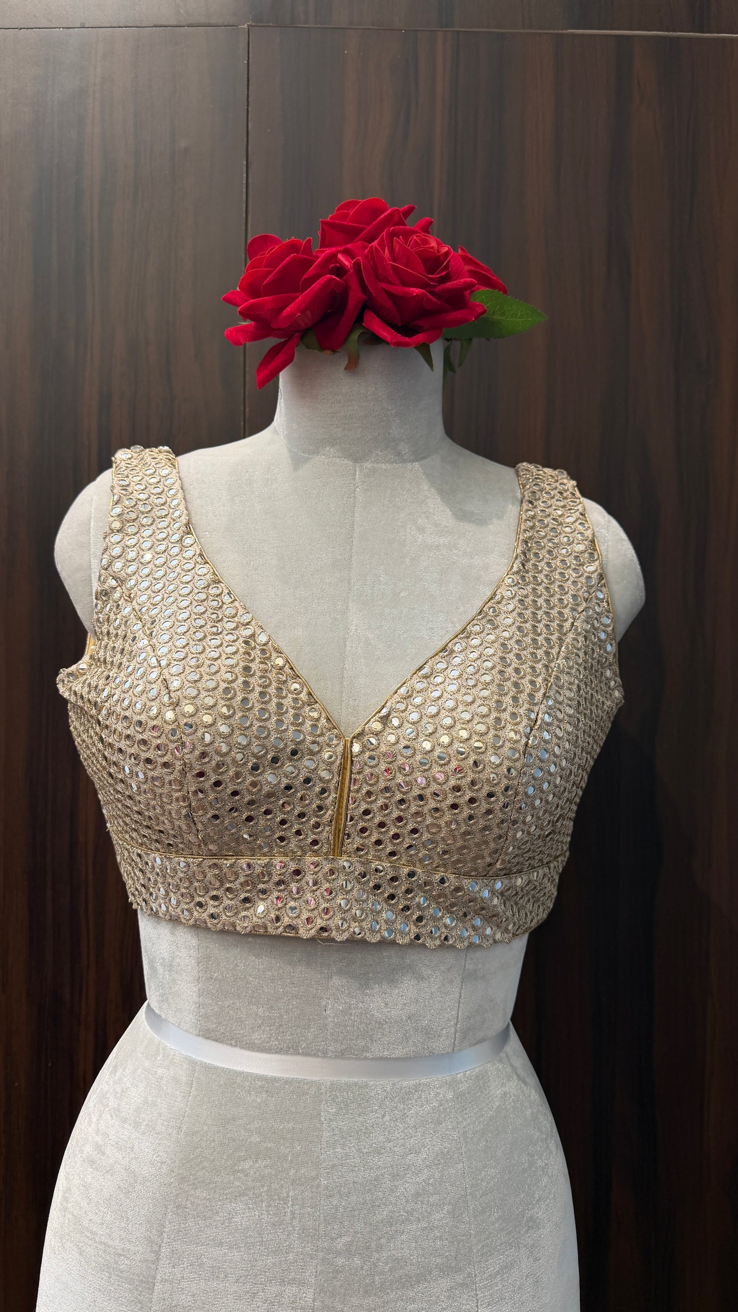 Handcrafted Gold Mirror-Work Blouse - V-Neck Ethnic Crop Top for Lehengas & Sarees