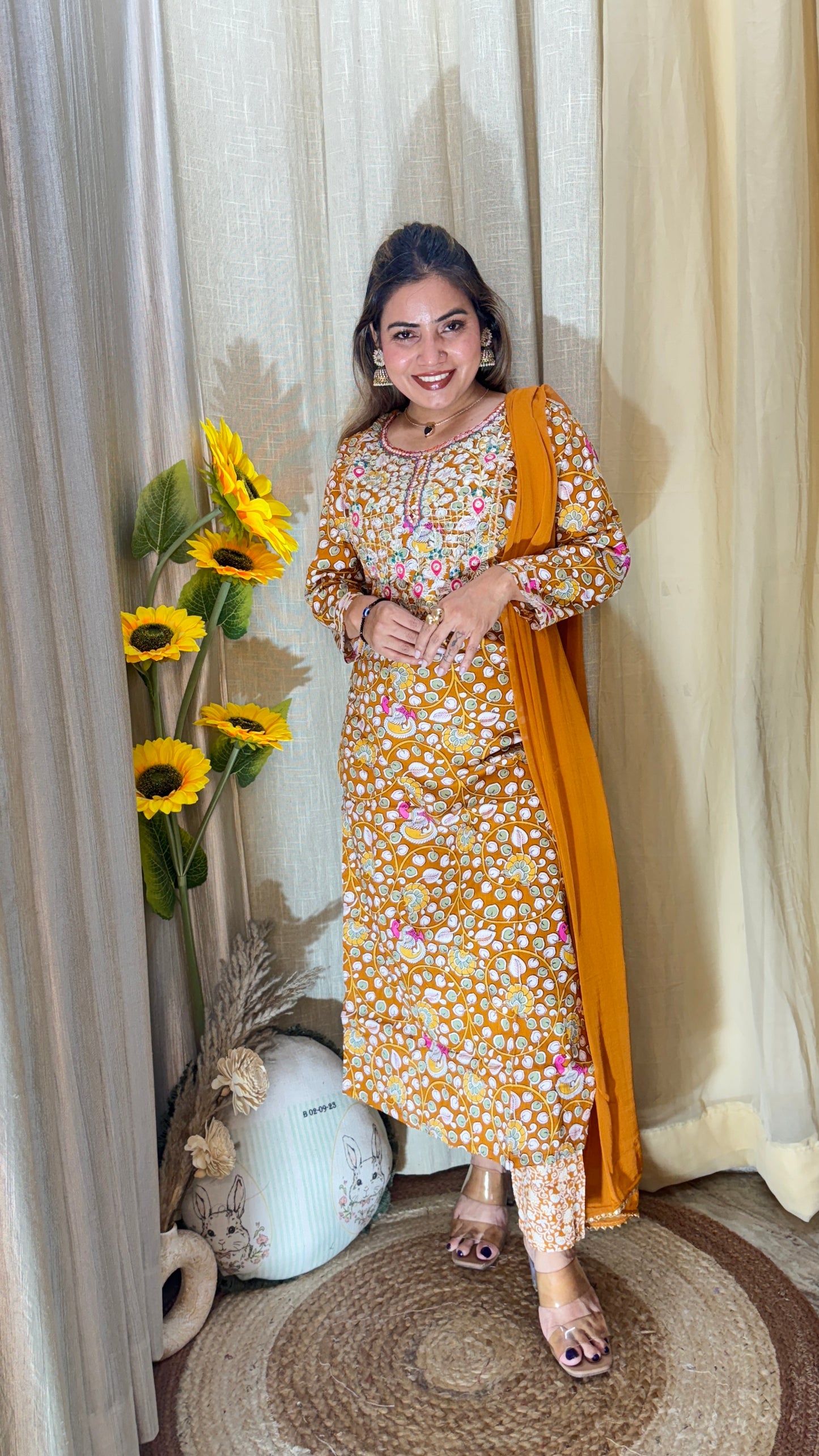 Mustard Floral Embroidered Cotton Suit Set