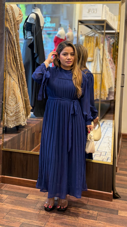 Navy Blue Pleated Midi Dress with Waist Tie – Elegant Flowy Party Wear