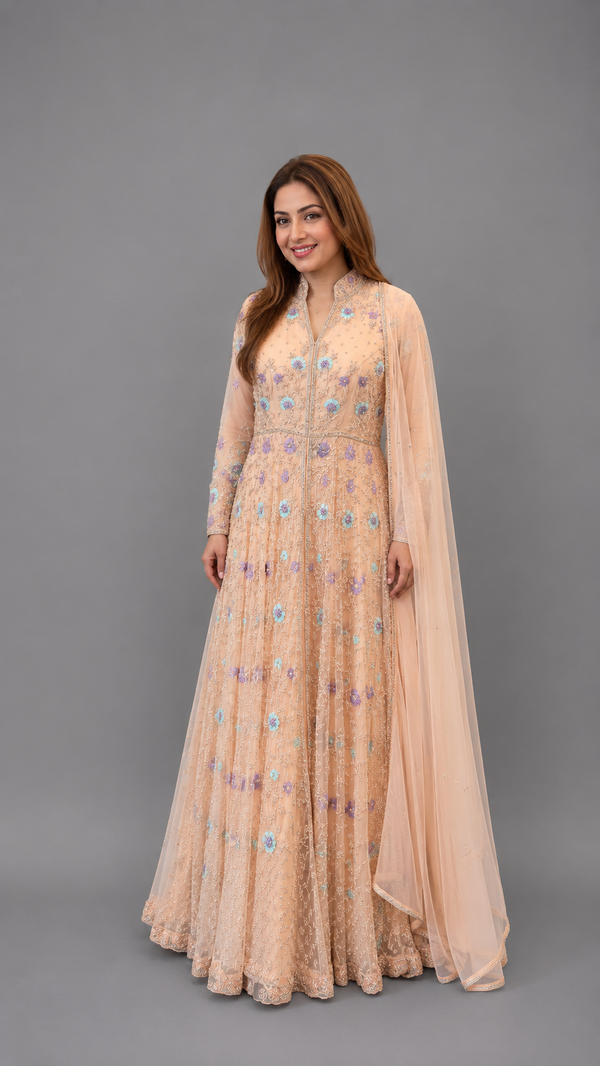 Blush Peach Floral Embroidered Anarkali Set with Dupatta