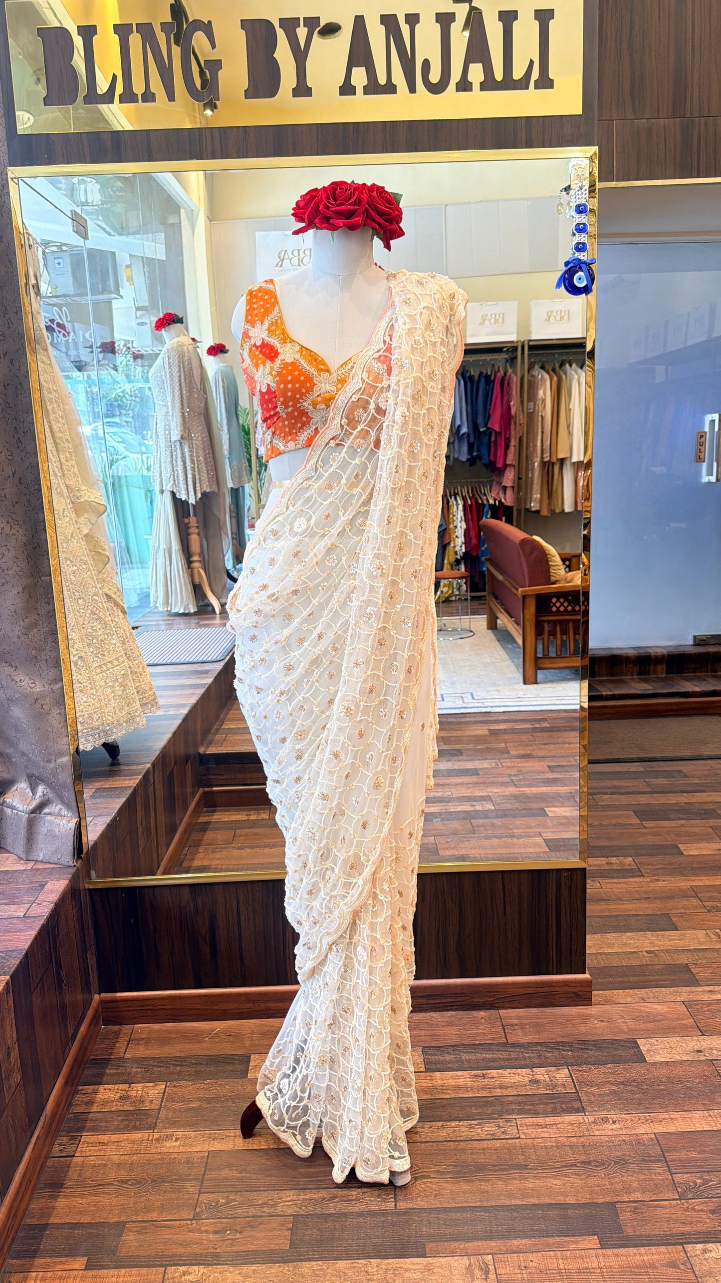 Ivory Embroidered Net Saree with Designer Blouse | Luxury Party Wear Saree | South Delhi Boutique Collection