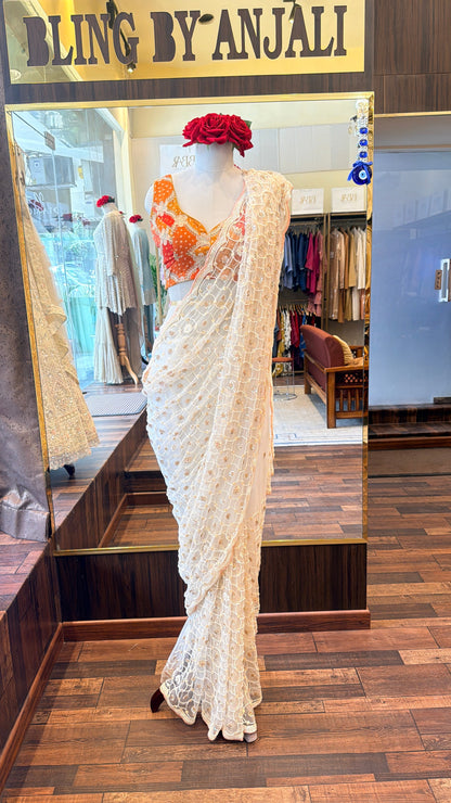 Ivory Embroidered Net Saree with Designer Blouse | Luxury Party Wear Saree | South Delhi Boutique Collection