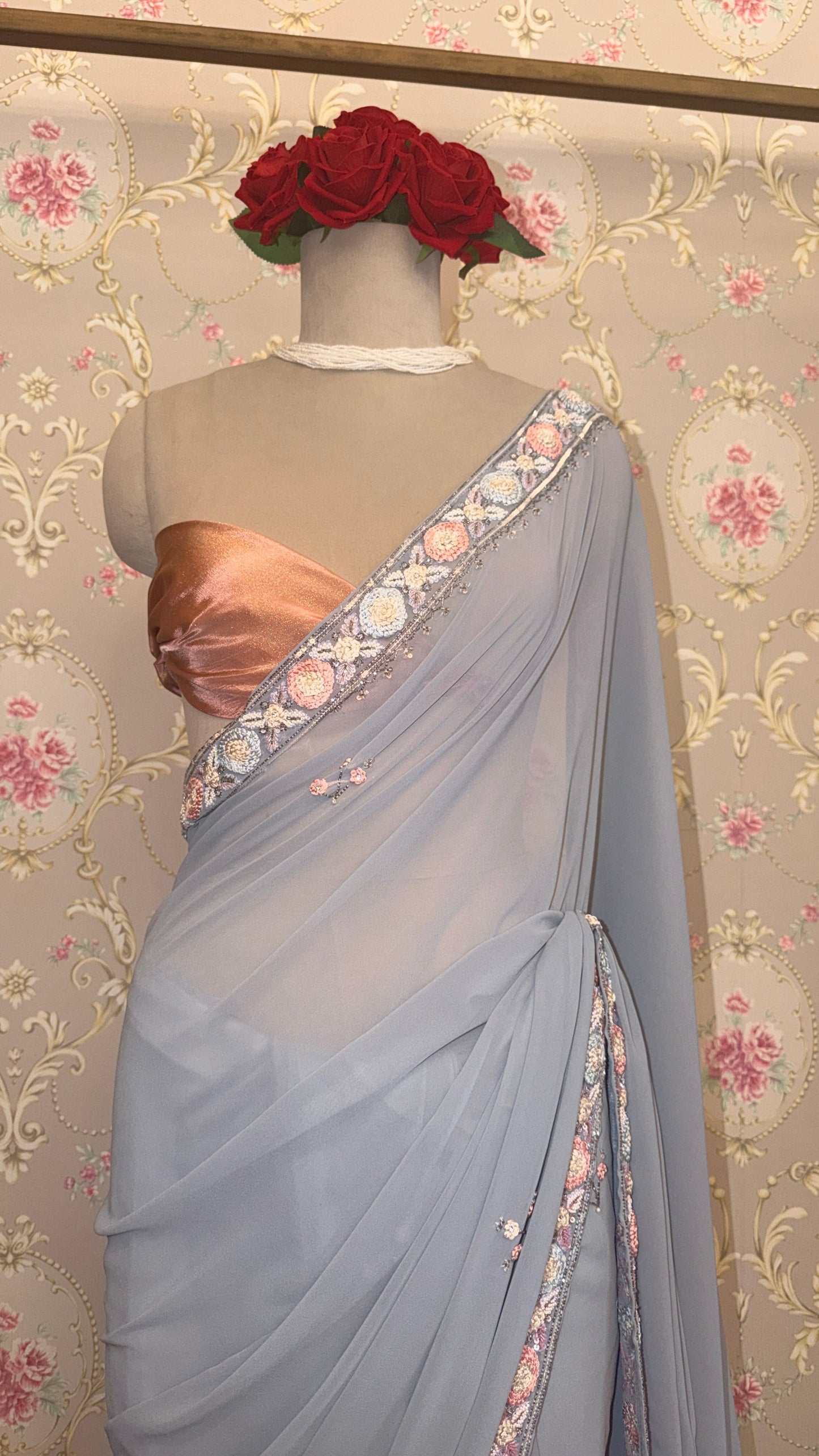 Steel Grey Georgette Saree with Floral Embroidered Border