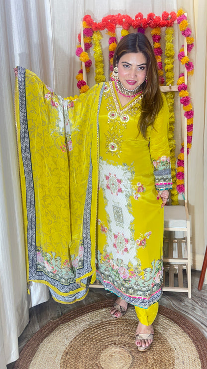 Mustard Yellow Pure Crêpe, ￼ Embroidered 3-Piece Suit