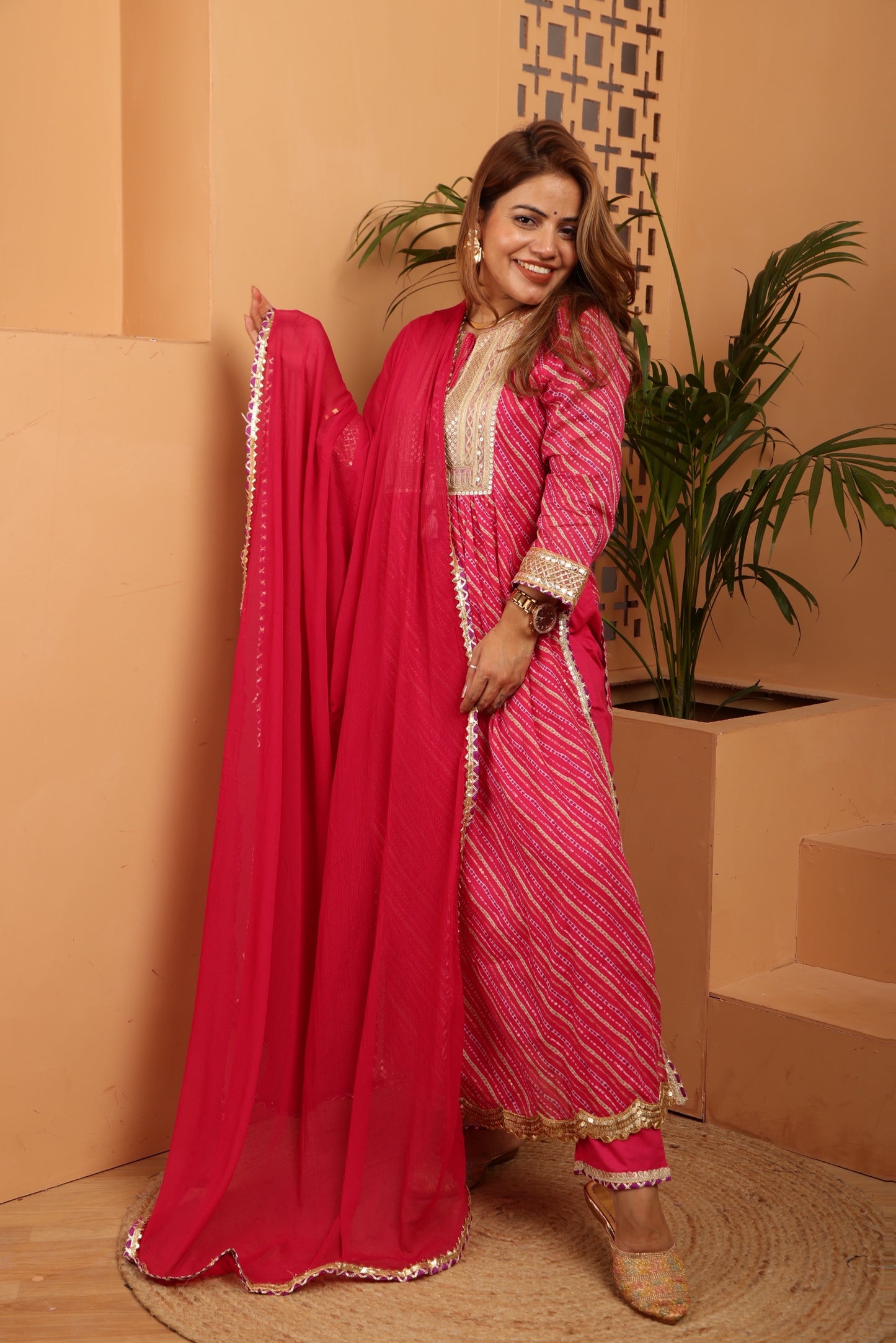 Bandhani print 
Pink and Blue Suit set