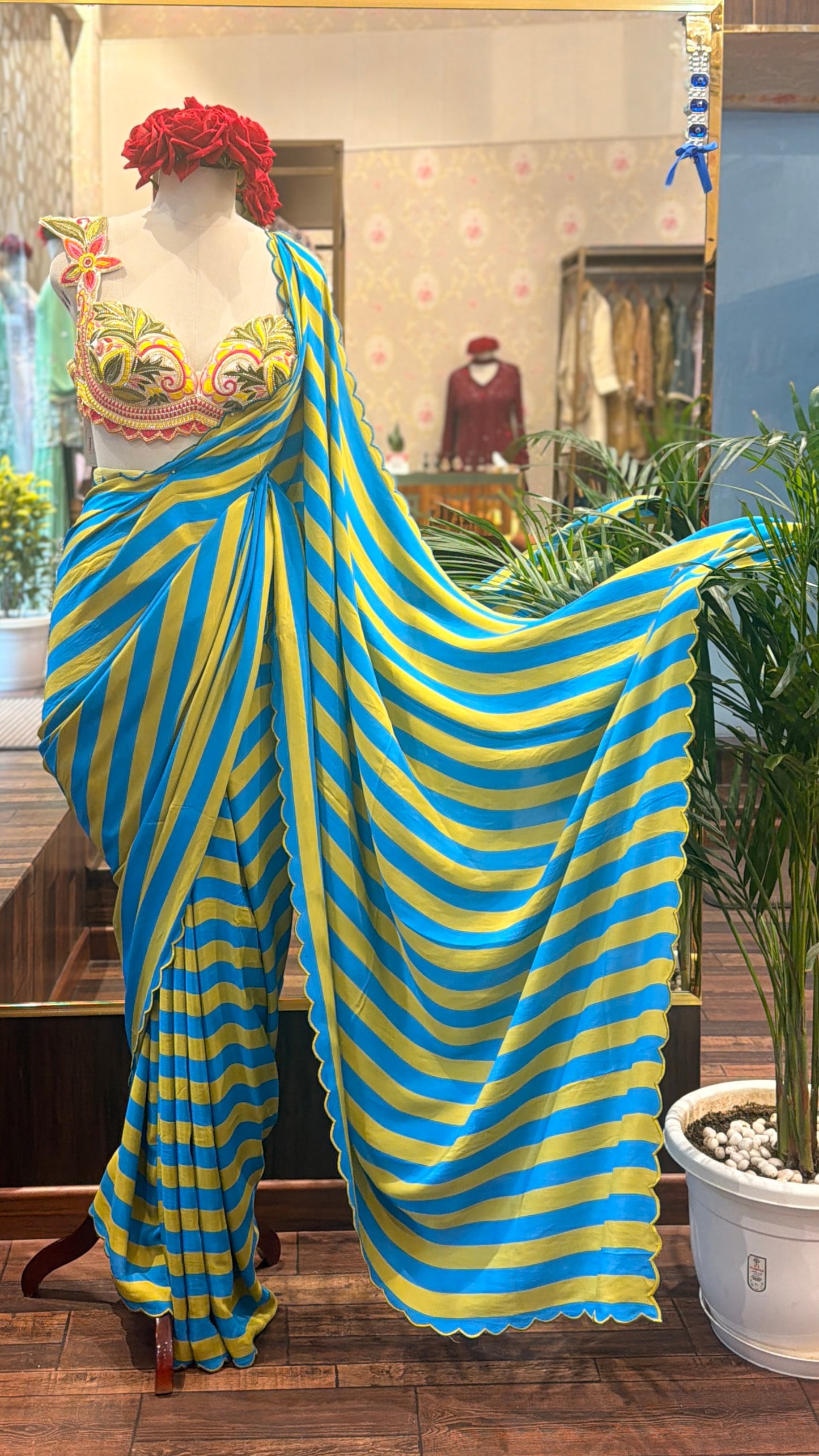 Blue & Yellow Striped Pure Crepe Saree