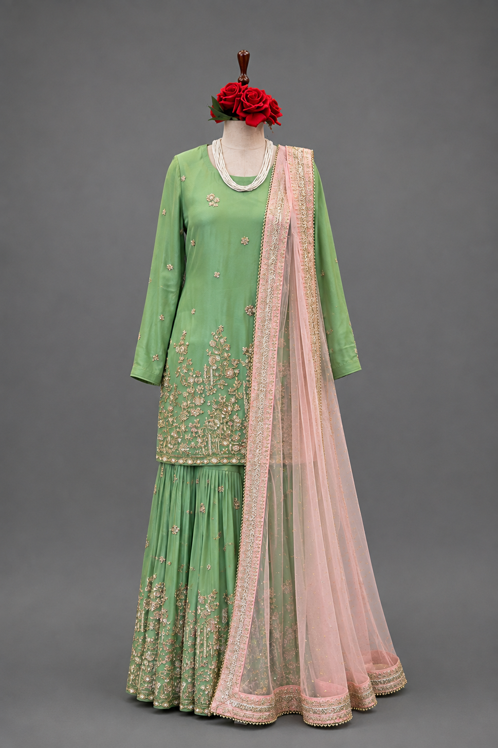 Sage Green Embroidered Sharara Set ￼