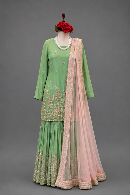 Sage Green Embroidered Sharara Set ￼