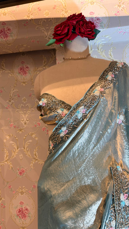 Steel Blue Tissue Silk Saree with Hand-Embroidered Floral Border