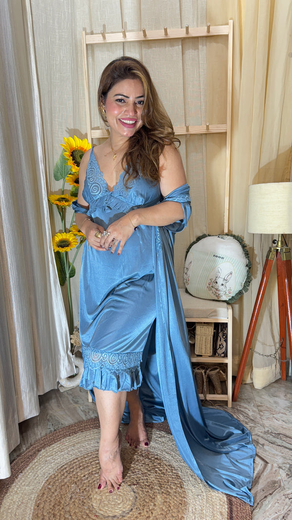 2pc Satin Lace Nighty with Robe – Sky Blue